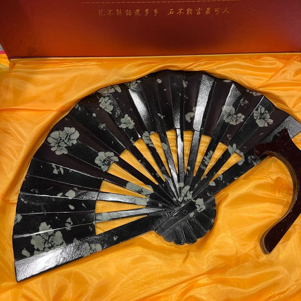 18” Pure Natural Jade Hand Carved Folding Fan Sensu China Original Packaging